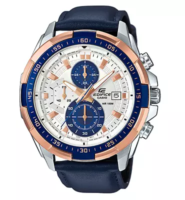 EFR-539L-7CV CASIO EDIFICE Chronograph Ion Plated Bezel Navy Leather Band 100m • $412.42