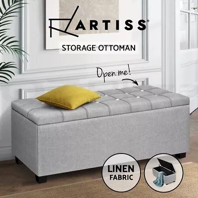 Artiss Storage Ottoman Blanket Box Bench 97cm Button Linen Chest Couch Grey • $109.95