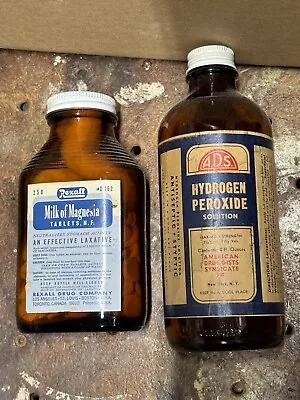 Lot Of 2 Vintage Drug Bottles Brown Glass Advertising Labels Hydrogen Rexall • $12