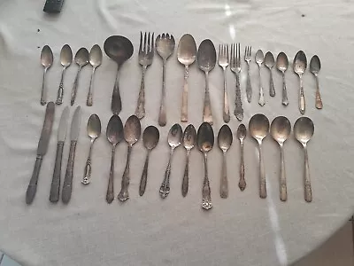 32 Piece Mix Lot Of Vintage Silverplate Silverware Mix Brands Forks Spoons  • $4.80