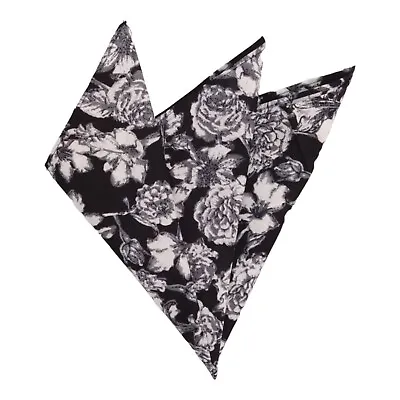 1670 Mens Pocket Square Black White Floral Roses 100% Cotton Hanky Handkerchief • $12.49