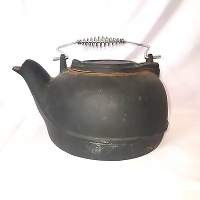 Antique VTG Cast Iron Tea Pot Melting Pot Black Kettle With Swivel Lid & Handle • $52.95