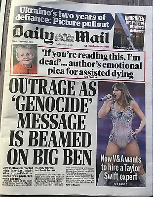 Daily Mail Newspaper February 23rd 2024 TAYLOR SWIFT  Front Plus Ukraine • £14