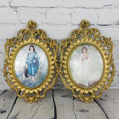 2 Vtg Ornate Italy Oval Frame Convex Bubble Glass With Pinkie & Blue Boy Print • $74.75