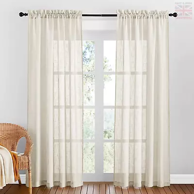 Voile Curtains For Bedroom - Thick Faux Linen Front Door Curtain Sheer Slot Top • £17.40