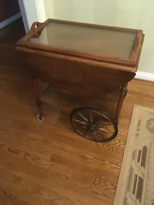 Antique Drop Leaf Tea Cart With Glass Tray - LOCAL PICK UP ONLY • $350