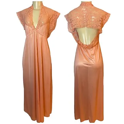 $44 • Buy Vintage Val Mode Coral Satin Lace Sheer Elegant Nightgown Long Dress Size Small
