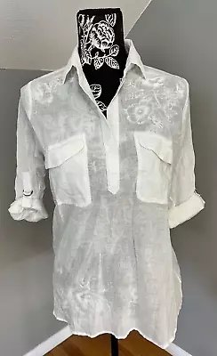 I Love H81 Blouse Strappy Sleeve V Neck Sheer Collar Pockets Size S White NWT • $2.95