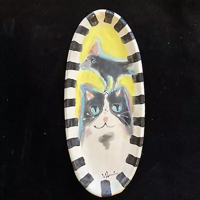 Hand Painted Ceramic Serving Tray” Cat And Crow”Design 13” X 5.5”Original Design • $29