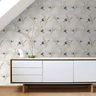 £13.99 • Buy Japanese Cranes Wallpaper Metallic Bird Elegant Catherine Lansfield 206511 White