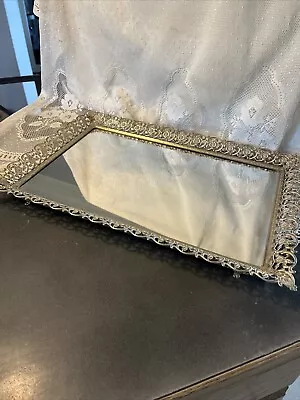 VINTAGE MCM VICTORIAN FLORAL FILIGREE 18x12 GOLD METAL MIRROR VANITY TRAY FOOTED • $36