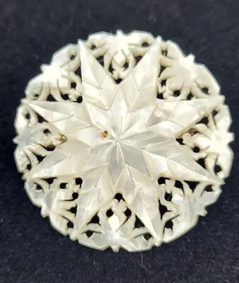 Vintage Lovely Mother Of Pearl Carved Etched 8 Point Star Pin Brooch Abalone • $20