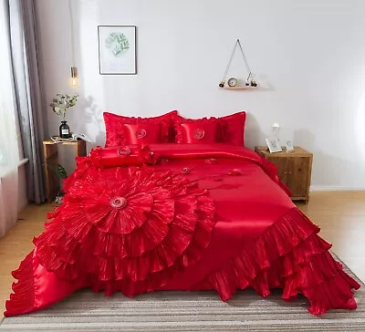 Tache Satin Ruffle Floral Red Rose Flamenco Wedding Romantic 6pc Comforter Set • $229.89