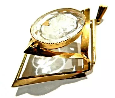 VINTAGE REVERSE INTAGLIO CAMEO PENDANT Clear Goldtone Geometric Raised Frame B5 • $1