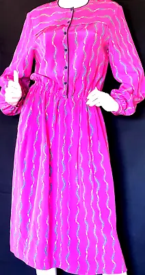 Vintage 80s Zandra Rhodes Silk Dress Pink W/Feather Design SZ 12 • $89