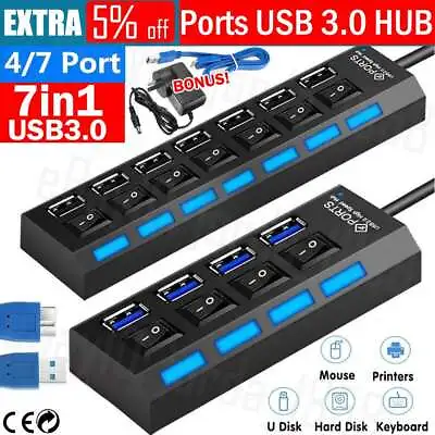 4/7 Ports USB 3.0 HUB Powered +High Speed Splitter Extender PC AC Cable Adapter • $4.45