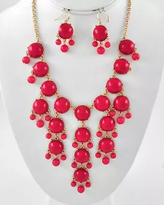 Chunky Pink Bubble Bead Bib Faceted Statement J Crew Style Necklace Earring Set • $15