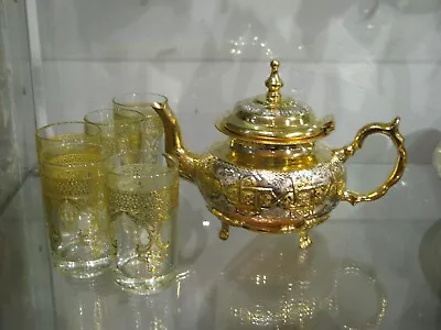 Set Of 6 Tea Glasses And Teapot -Gold Moroccan Tea Set- Moroccan Tea Set Gold • $142.66