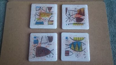 Atomic Mid Century Modern Fish Starburst Fused Glass Coaster Set Of 4 Signed • $50