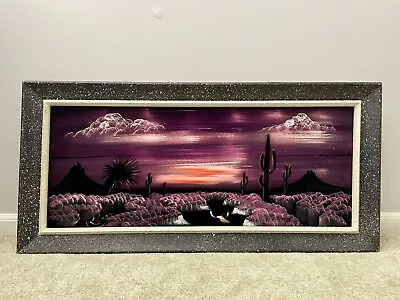 1970s Velvet Purple Desert Scene Painting Large 38x18 Cactus Southwest Sunset • $119.99