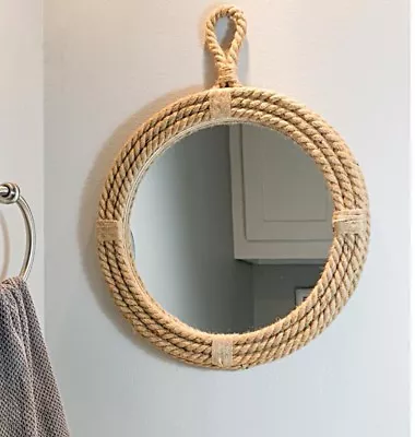 Round Nautical Rope Wall Mirror Natural Braided Hemp W/Hang Loop Coastal Beach • £55.54