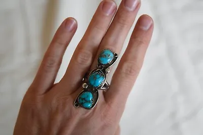 Vintage Size 7 Morenci Turquoise Pyrite Triple Stone Long Ring Sterling Silver • $240