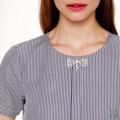 J.Crew Jeweled Bow Top In Stripe Navy White Crystal Jewel Size 10 Short Sleeve • $15.40