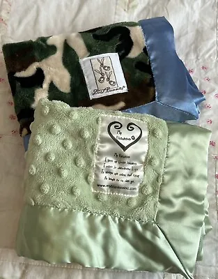 Lot 2 Dust Bunnies My Blankee Camo Green Blue Satin Baby Security Blanket Loveys • $24.99