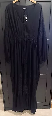 BOOHOO PLUS Black Boho Lace Insert Maxi Dress | Cheesecloth | Size 18 | NEW • $30