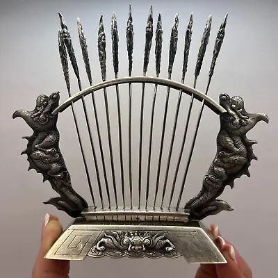 1960 Vintage Vietnam Silver 900 Set Stand Dragons 12 Cocktail Olive Forks Picks • $285