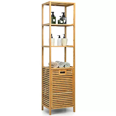 Costway Bathroom Tilt-out Laundry Hamper Bamboo Tower Hamper W/3-Tier Shelves • $79.99