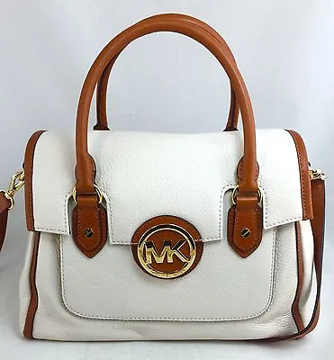 MICHAEL KORS Large Margo Vanilla Leather Satchel Crossbod Luggage Brown Trim NWT • $224