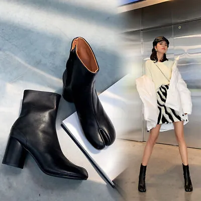 Womens Tabi Split Toe Bootie Block Heels Side Zip Ankle Boots Leather Shoes Size • £63.70