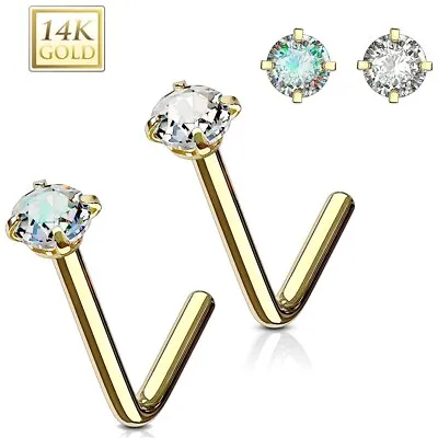 22G 14 Karat Solid Yellow Gold 14K L BEND Prong Set Gem Fishtail Stud Nose Ring • $14.99