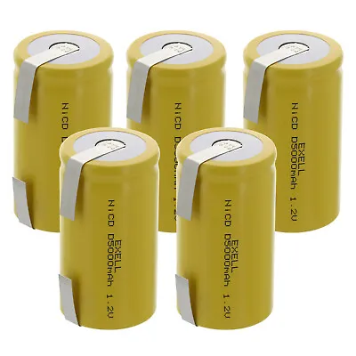 5x Exell D Size 1.2V 5000mAh NiCD Rechargeable Batteries With Tabs • $36.95