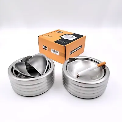 2Pack Grooved Silver Classic Metal Ashtray With A Lid For Cigarettes Outdoor • $17.99