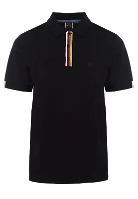 Mens Merc London Coloured Stripe Placket Cotton Polo Shirt Tulse - Black • £49.99