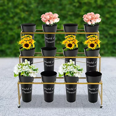 Heavy Duty 3 Tier Rolling Shelf Plant Stand Metal Flower Display Rack 12 Buckets • $160.55