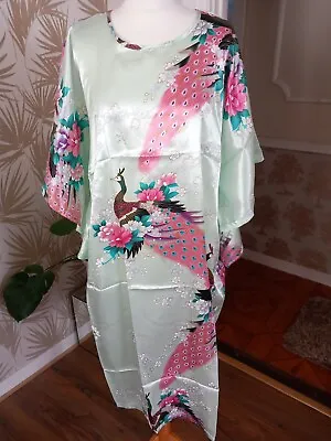 £7.99 • Buy Ladies Green Peacock Design Silk Kaftan Dress From Singapore Size 16/20 BNWOT