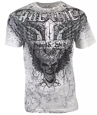 Archaic Affliction Men's T-Shirt WORLD WIDE Biker Tattoo Cross White • $23.99