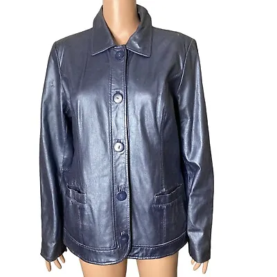 Vintage Dialogue Leather Jacket Womens Medium Blue Metallic • $48