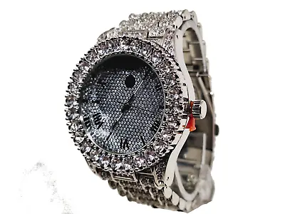 Techno Pave Silver Tone Bezel & Face Band Studded Faux  Diamond Mens Watch • $22.99