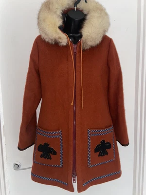 Vintage 70s James Bay Canada Pure Wool Orange Brown Parka Coat Size 8-10 Pockets • £65