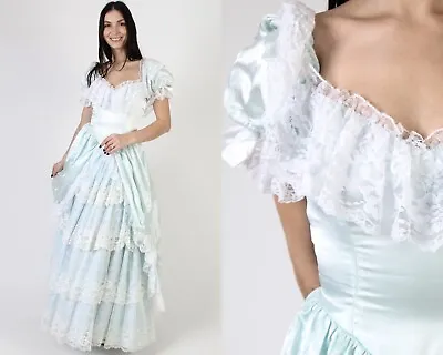 Vtg 70s Zum Zum Gown Off Shoulder Southern Bell Shiny Prom Bustle Saloon Dress • $121.60