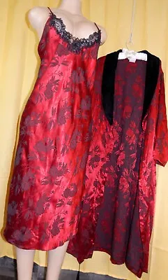 Vintage Peignoir Set Private Luxuries Long Red & Black Floral Nightgown & Robe M • £24.12