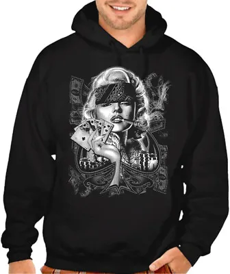 Men's Marilyn Monroe Spade Pose Black Hoodie Sweater Gangster High Tattoo Clover • $29.99