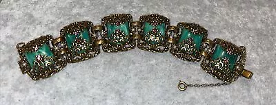 Gorgeous Vintage Chunky Gold Tone Green Stone Faux Pearl Bracelet • $75