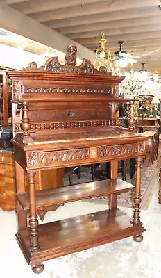 French Antique Walnut Britany Marble Top Server Sideboard /  Buffet C 1880 • $2500