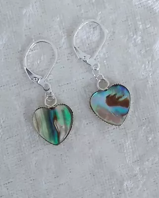 Lovely 12mm Abalone Paua Shell Heart Cabochon 925 Silver Leverback Earrings • £5.50