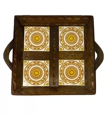 VTG Hand Carved Wood & Tile Tray 17” Sun Mexican Pottery Serving Trivet Handles • $36.99